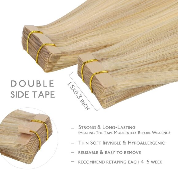 Tape in Hair Extensions Human Hair, 20pcs 50g 14 inch Light Blonde Highlighted G - Picture 3 of 9